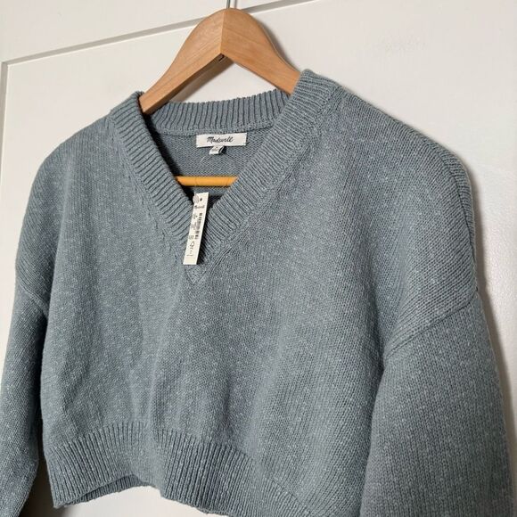 NWT Madewell Supercrop Sweater Womens Sz M Blue Knit V Neck Long Sleeve Pullover - Picture 3 of 11